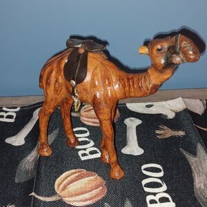 Camel hand carved wooden vintage figurine with leather saddle